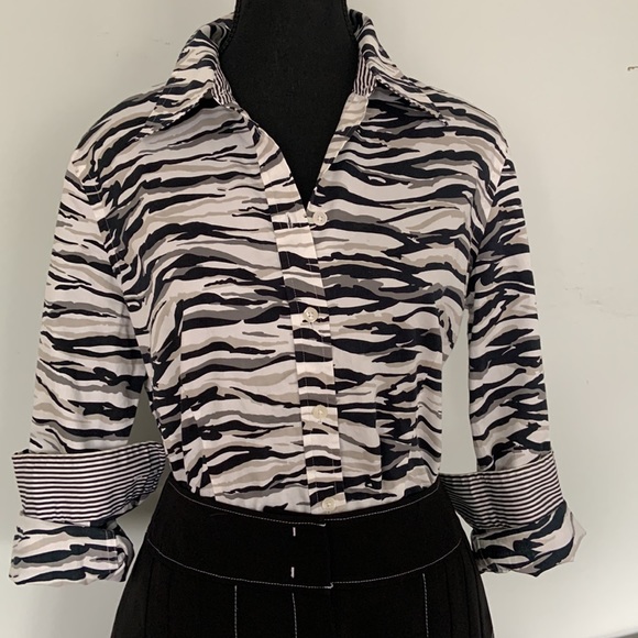 JONES NEW YORK COTTON BUTTON UP LONG SLEEVE SHIRT IN ZEBRA PRINT / PETITE LARGE - Picture 4 of 7